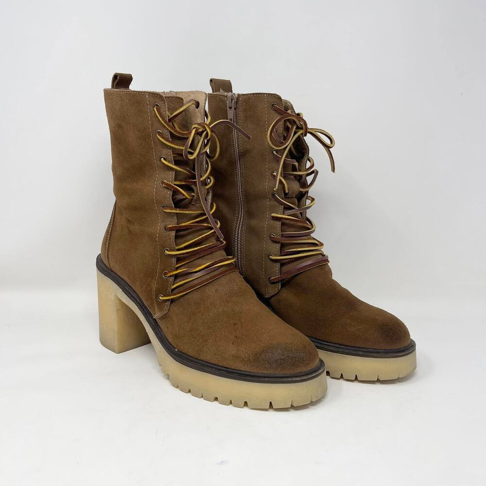 Free People Dylan Lace Up Boot Womens 40/9-9.5 Brown Suede Chunky Mid Calf